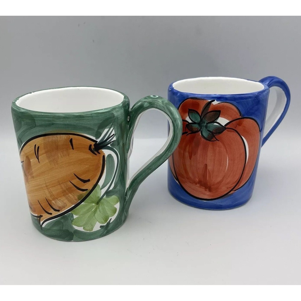 2 Pier 1 Set Garden Herb Mugs Handpaint Whimsy Carrot Pumpkin Veggie Fruit 12 Oz